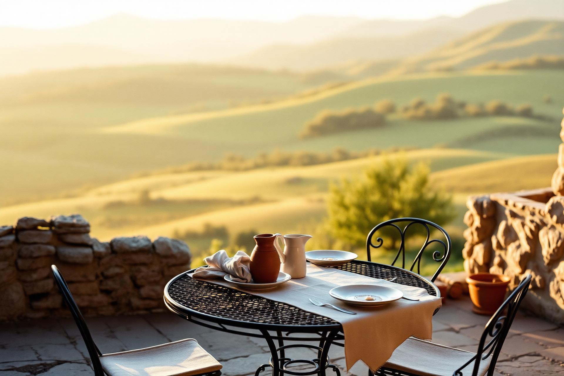 Terras met uitzicht over de Auvergne bij ochtendzon